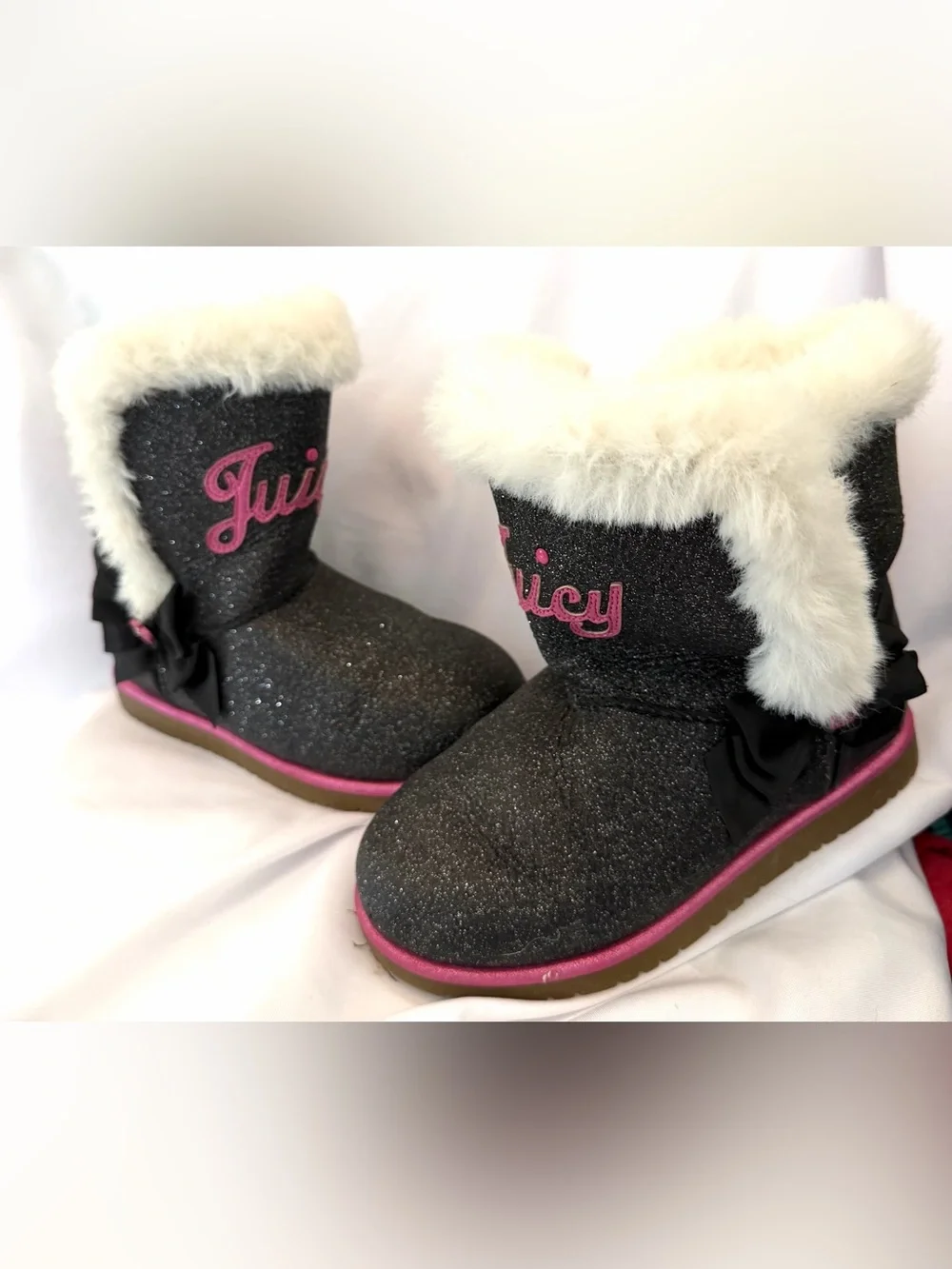 Juicy Couture Black Glitter Kids' Boots with Pink Trim and White Faux-Fur